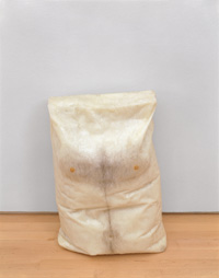 A sculpture that looks like man's torso, complete with chest hair, transformed into a large, old-fashioned sack leaning against a wall