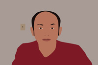 A flat, digital drawing of a balding man in a red shirt in front of a grey wall